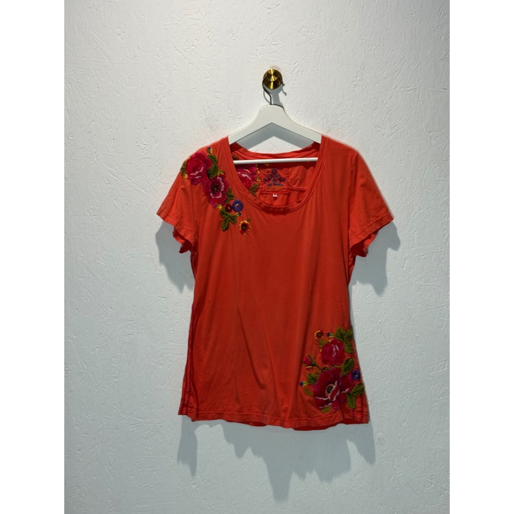 JW Los Angeles Johnny Was Coral Orange Floral Embroidered Short Sleeve Tee XL